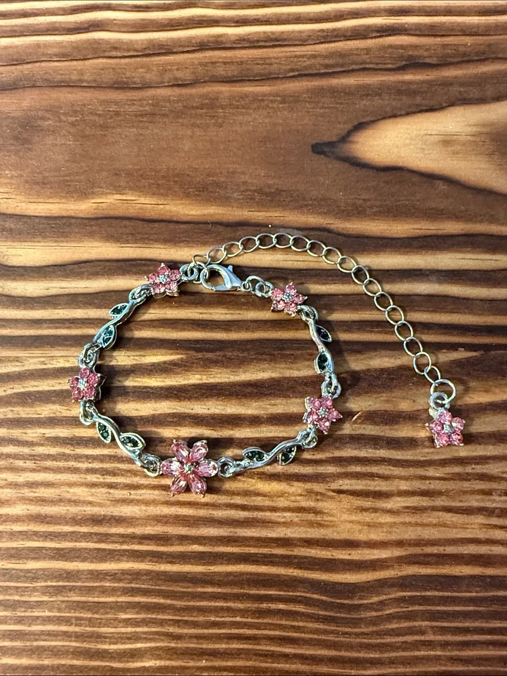 Silver Pink Crystal Flower Chain Bracelet for Women Stainless Steel